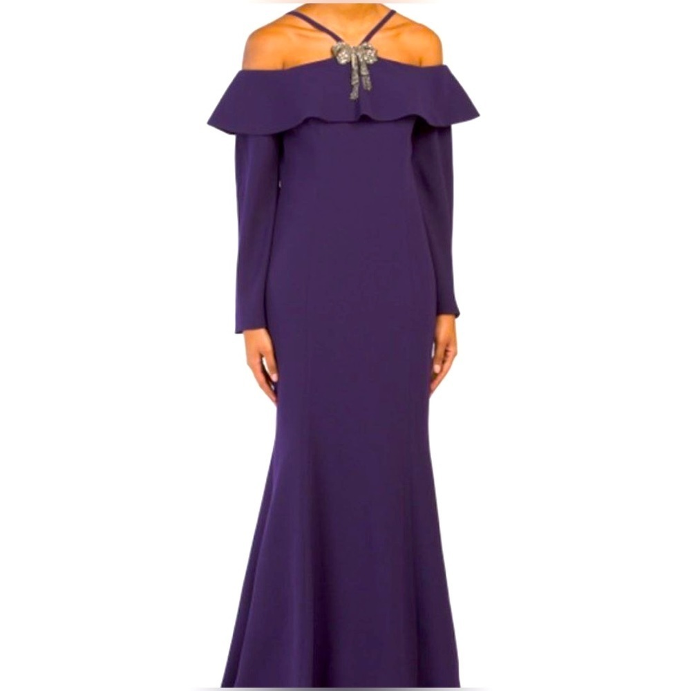 Teri Jon Off The Shoulder Long Gown, Purple - 8 MSRP $980
